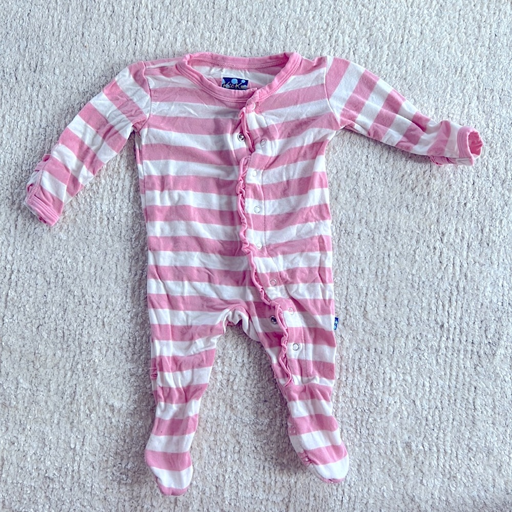 Kickee Pants Soft Muffin Ruffle Footie Pink White Stripes